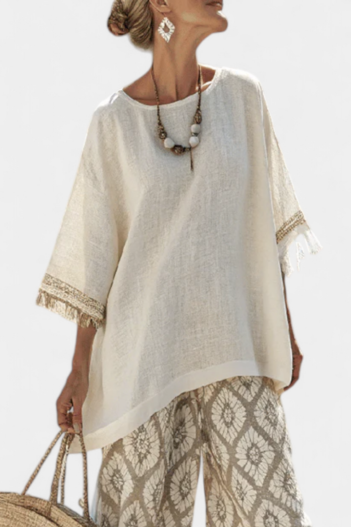 Eduarda - Conjunto elegante Boho-Chic en color crema con patrón Ikat