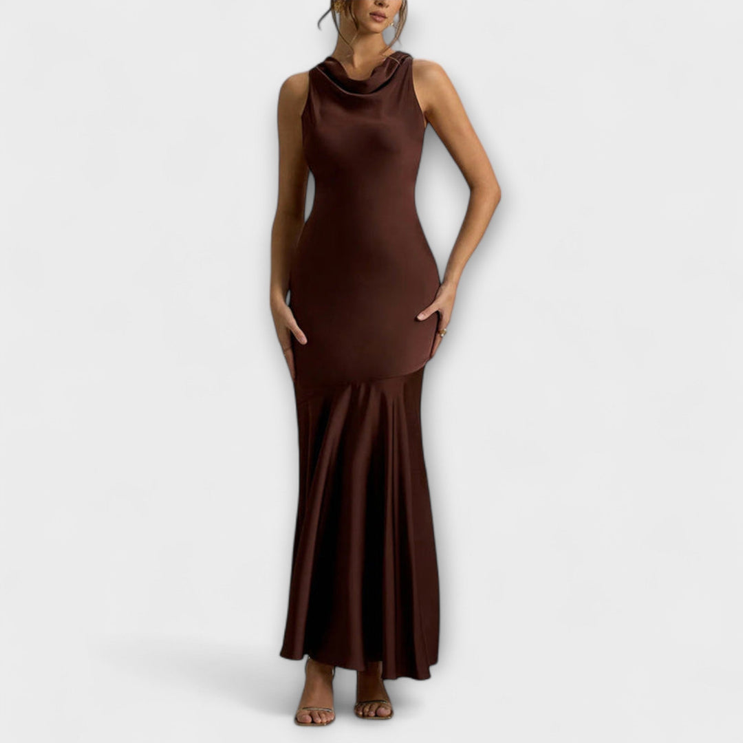 Lennon - Elegante vestido maxilargo de satén en verde oliva