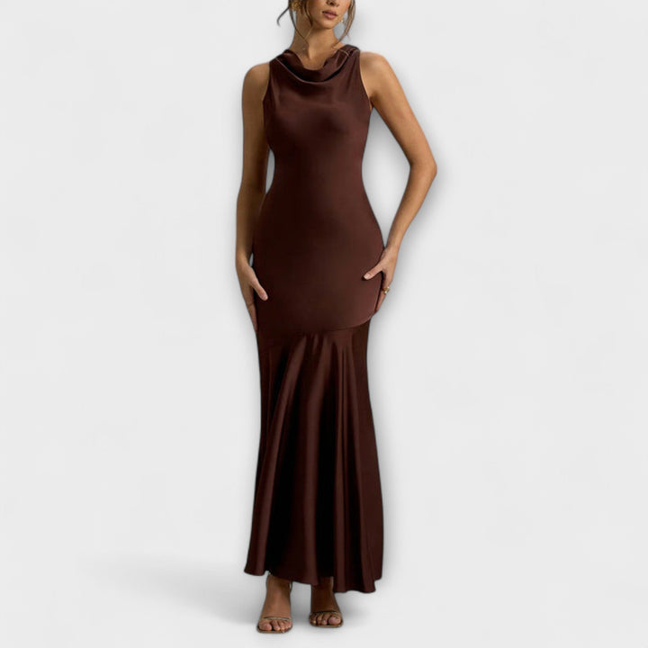 Lennon - Elegante vestido maxilargo de satén en verde oliva
