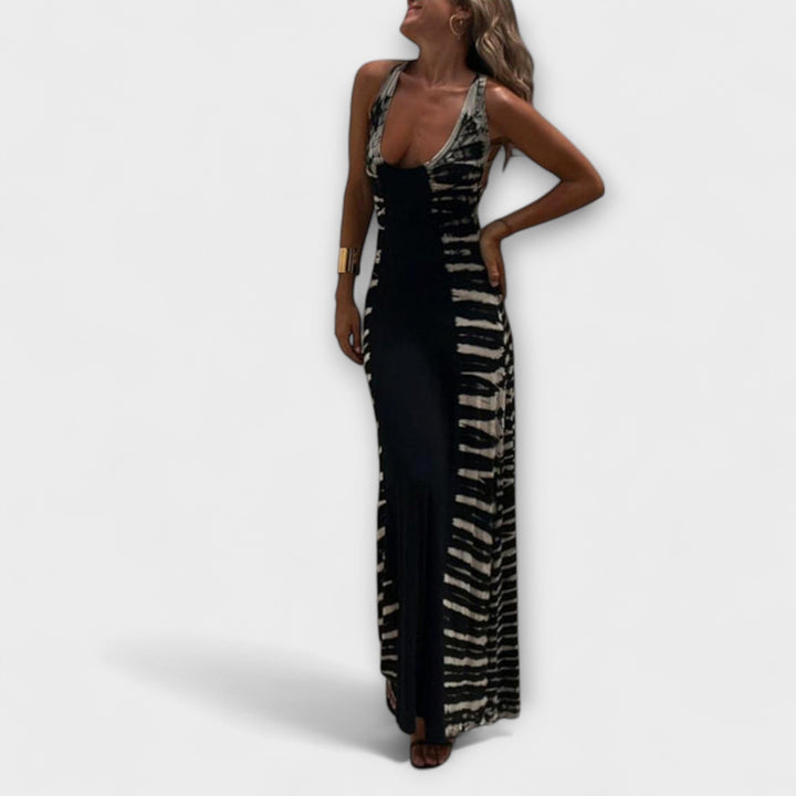 Livia - Vestido maxilargo tie-dye en negro y verde