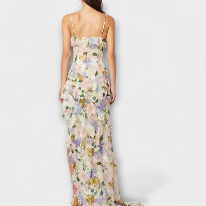 Indie - Vestido maxi colorido con estampado floral y volantes