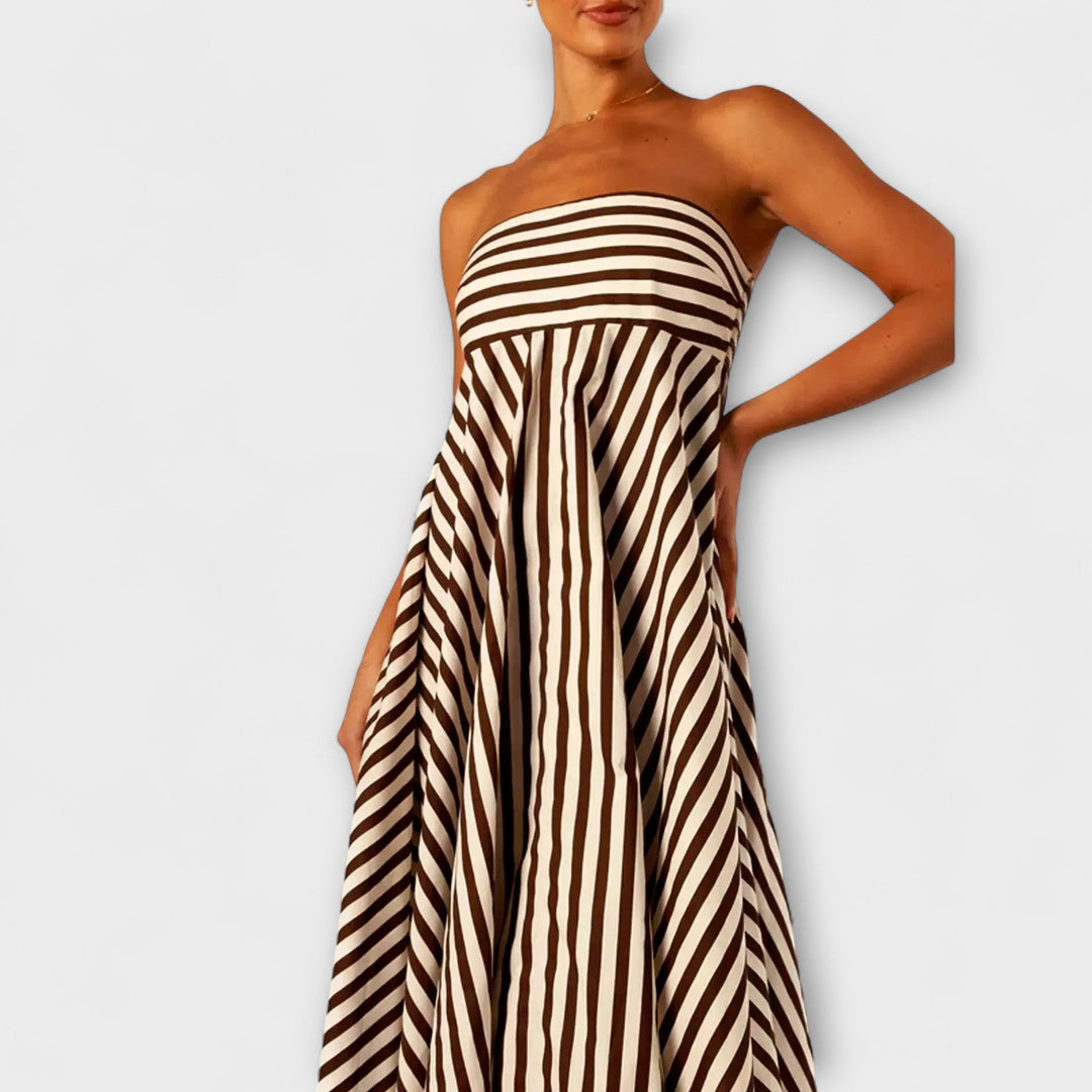 Vestido maxi con volantes a rayas en beige y negro