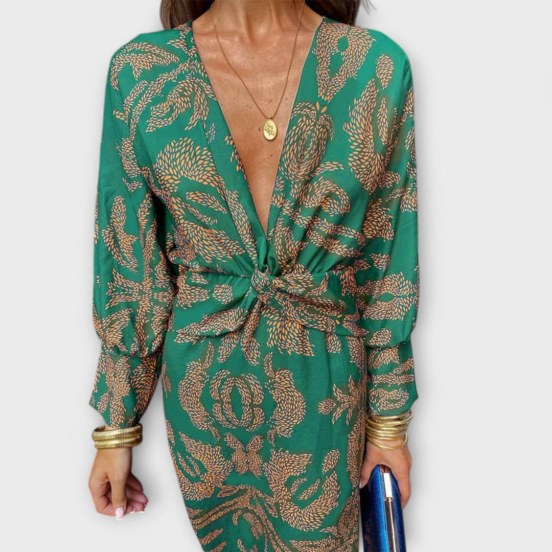 Oriana - Vestido azul con estampado dorado