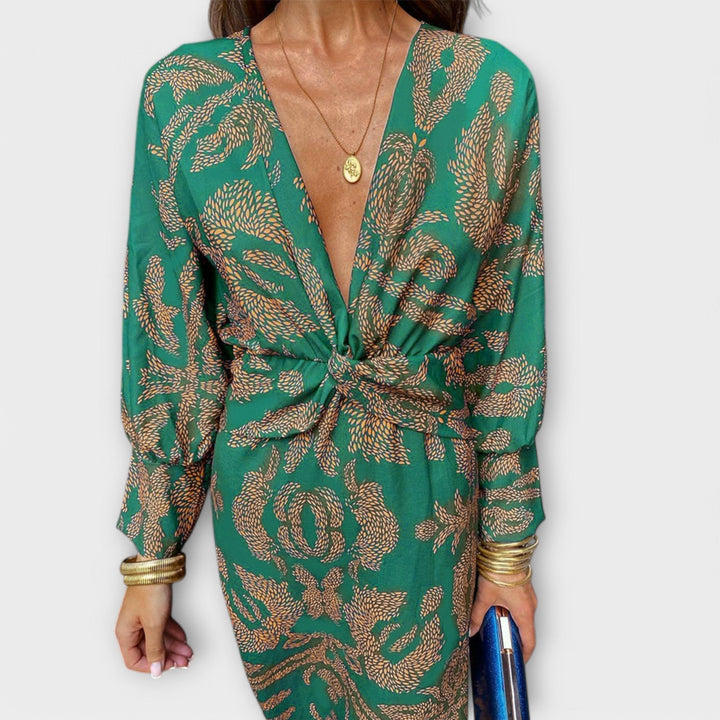 Oriana - Vestido azul con estampado dorado