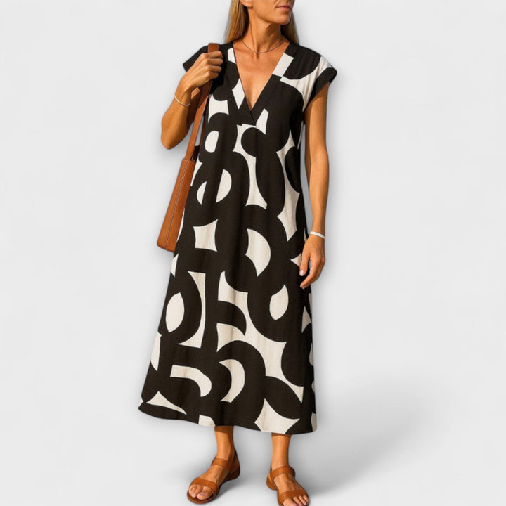 Linae - Vestido blanco y negro con escote en V