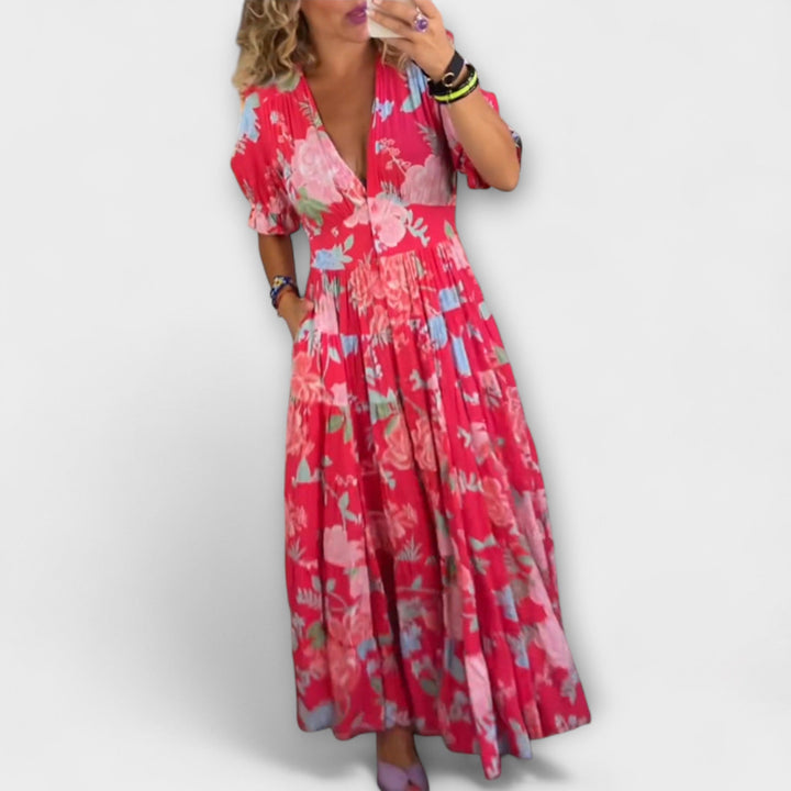Catrisa - Vestido maxi rojo con estampado de flores y escote en V
