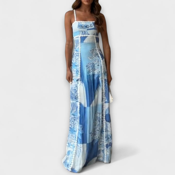 Terazza - Vestido maxi de lino azul y blanco con estampado