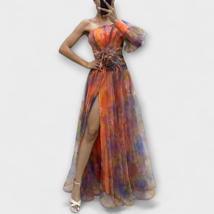Minna - Vestido maxi asimétrico lila con estampado atractivo