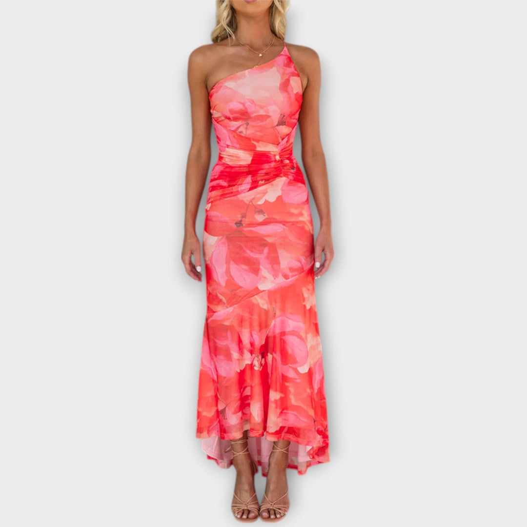 Pia - Vestido maxi lila con estampado floral y fruncido