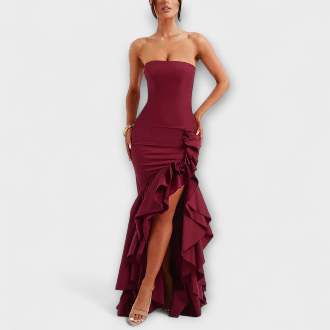Zuri - Vestido maxí rosa off-shoulder con volantes