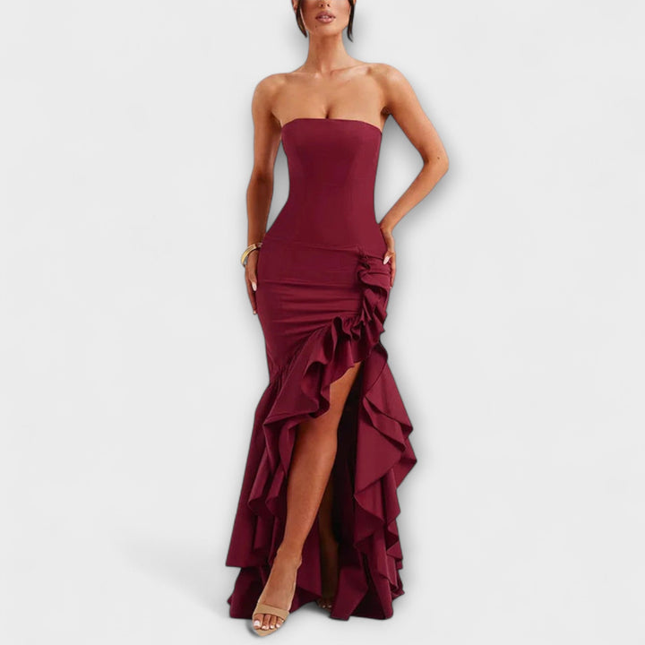 Zuri - Vestido maxí rosa off-shoulder con volantes