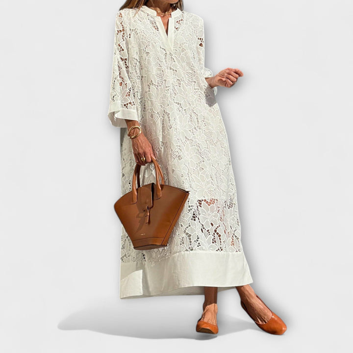 Valmere - Vestido maxi blanco con bordado y encaje