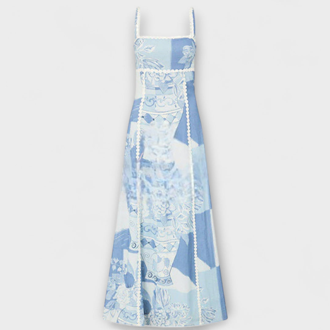 Terazza - Vestido maxi de lino azul y blanco con estampado