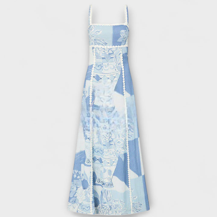 Terazza - Vestido maxi de lino azul y blanco con estampado