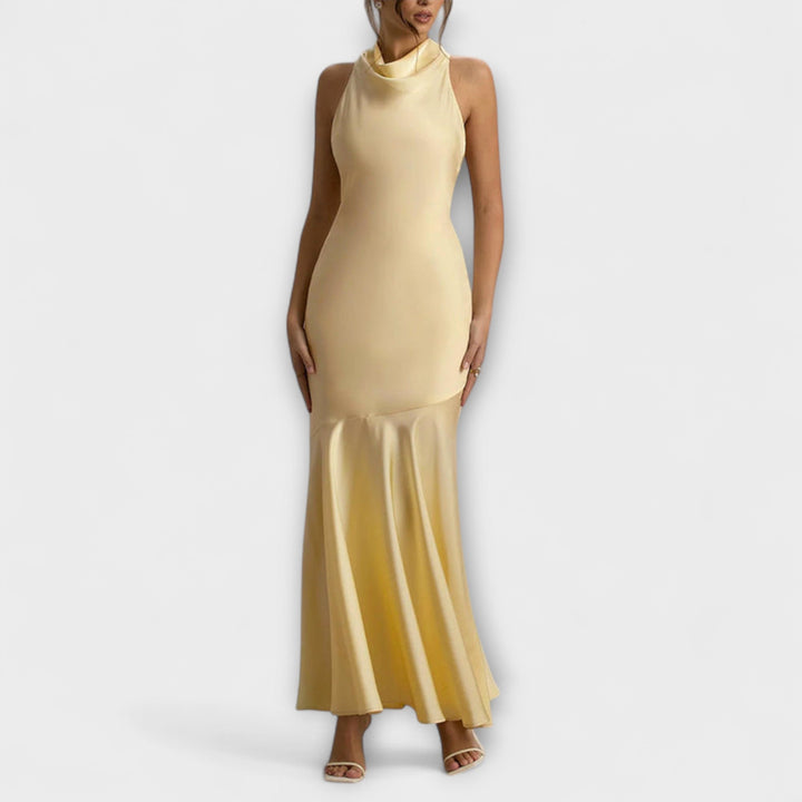Lennon - Elegante vestido maxilargo de satén en verde oliva
