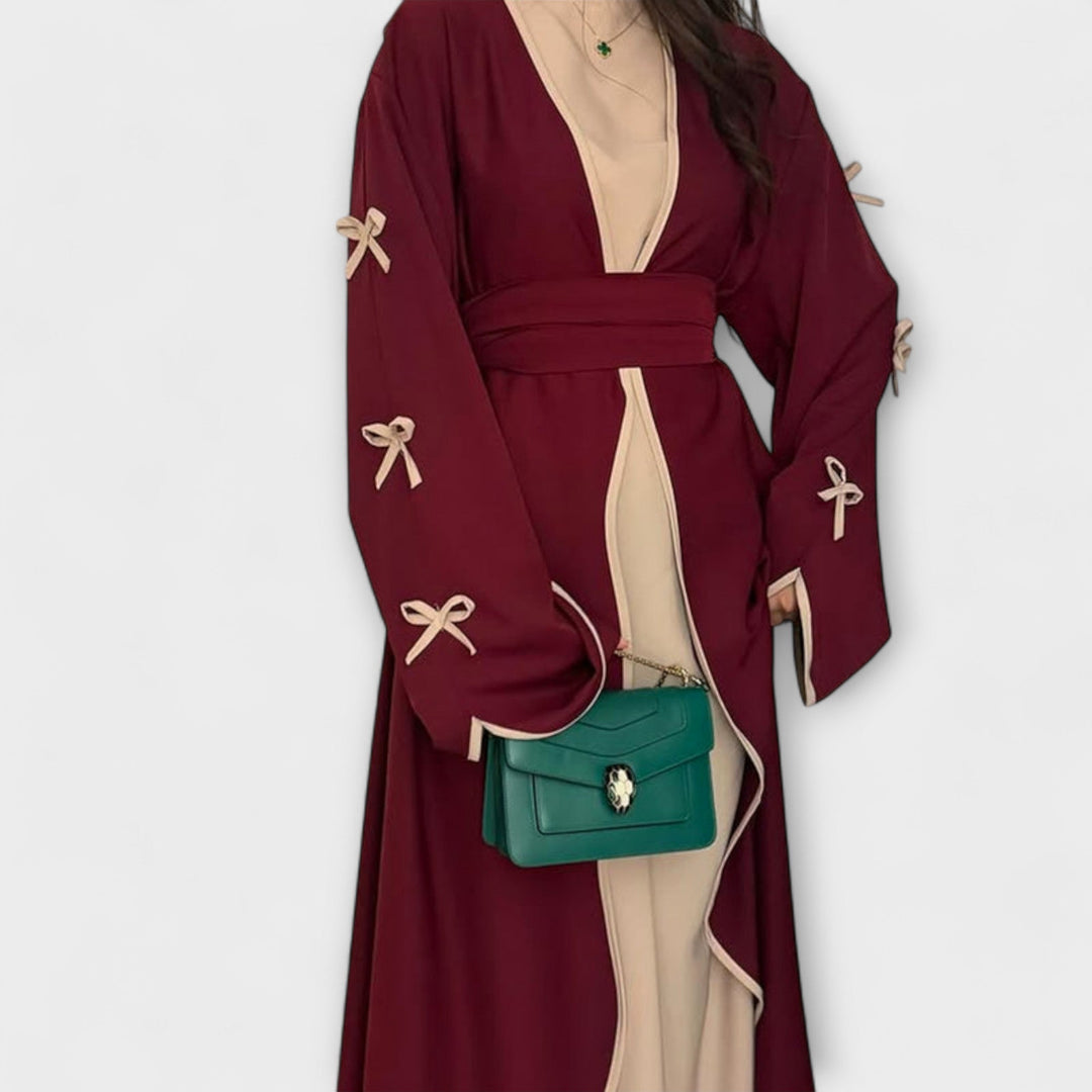 Jasmin - Dúo de cárdigan y vestido beige con lazo
