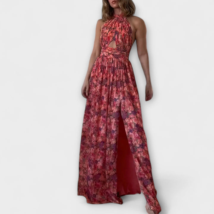 Nortrud - Vestido maxi rojo sin espalda con estampado de flores