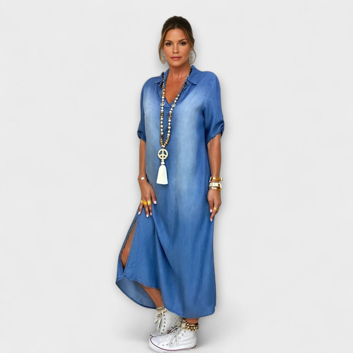 Lea - Vestido azul de estilo denim con abertura lateral