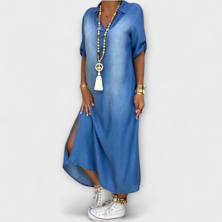 Lea - Vestido azul de estilo denim con abertura lateral