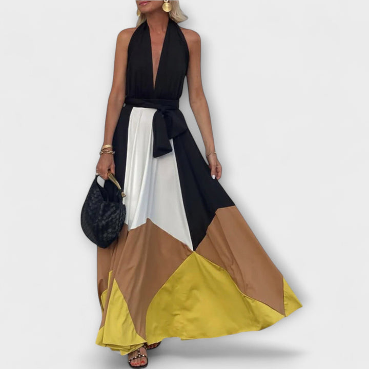 Nava - Maxivestido negro y crema con bloque de color