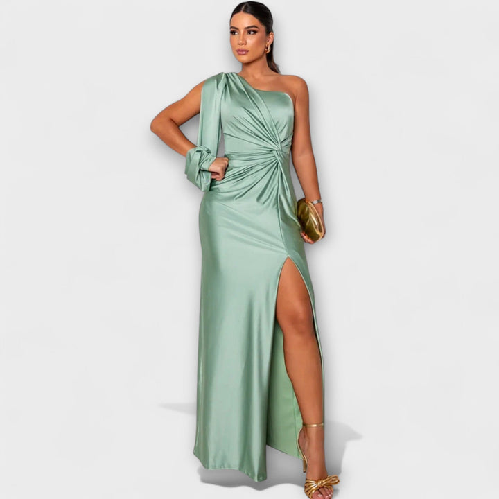 Elisa - Vestido de un solo hombro en color petróleo con fruncidos