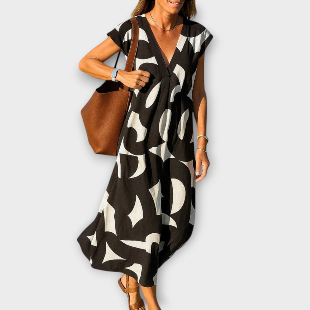 Linae - Vestido blanco y negro con escote en V