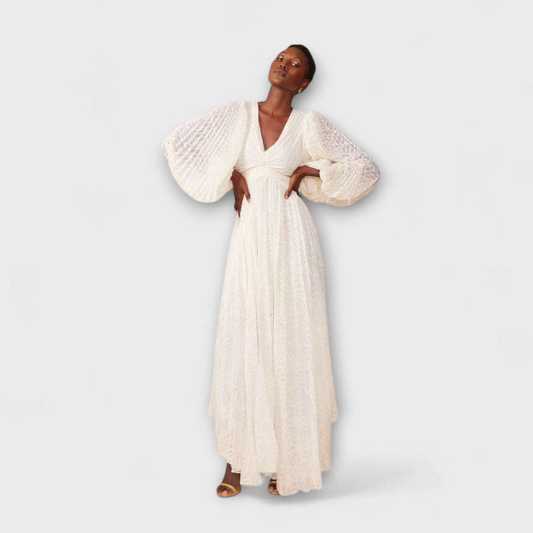 Elsa - Vestido maxi color crema con bordado elegante