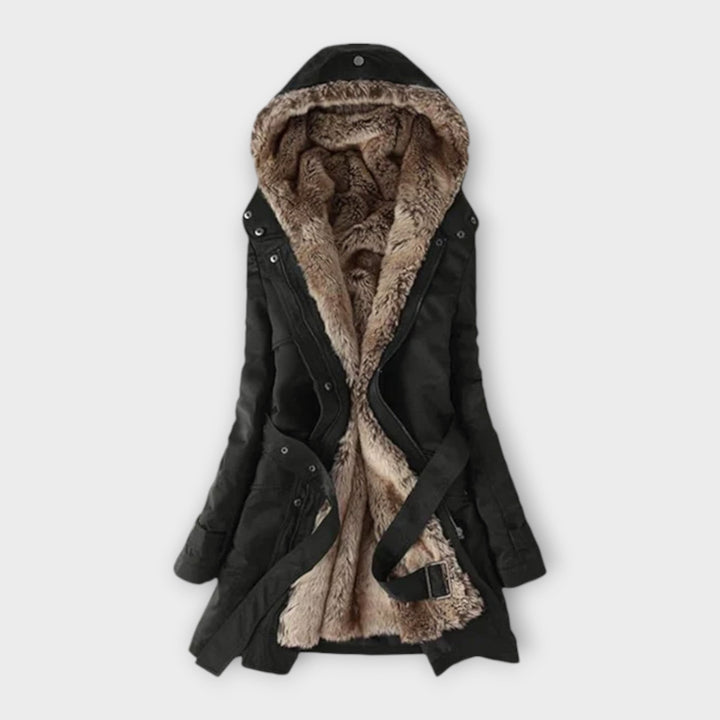 Mikash - Abrigo negro acogedor con capucha de piel