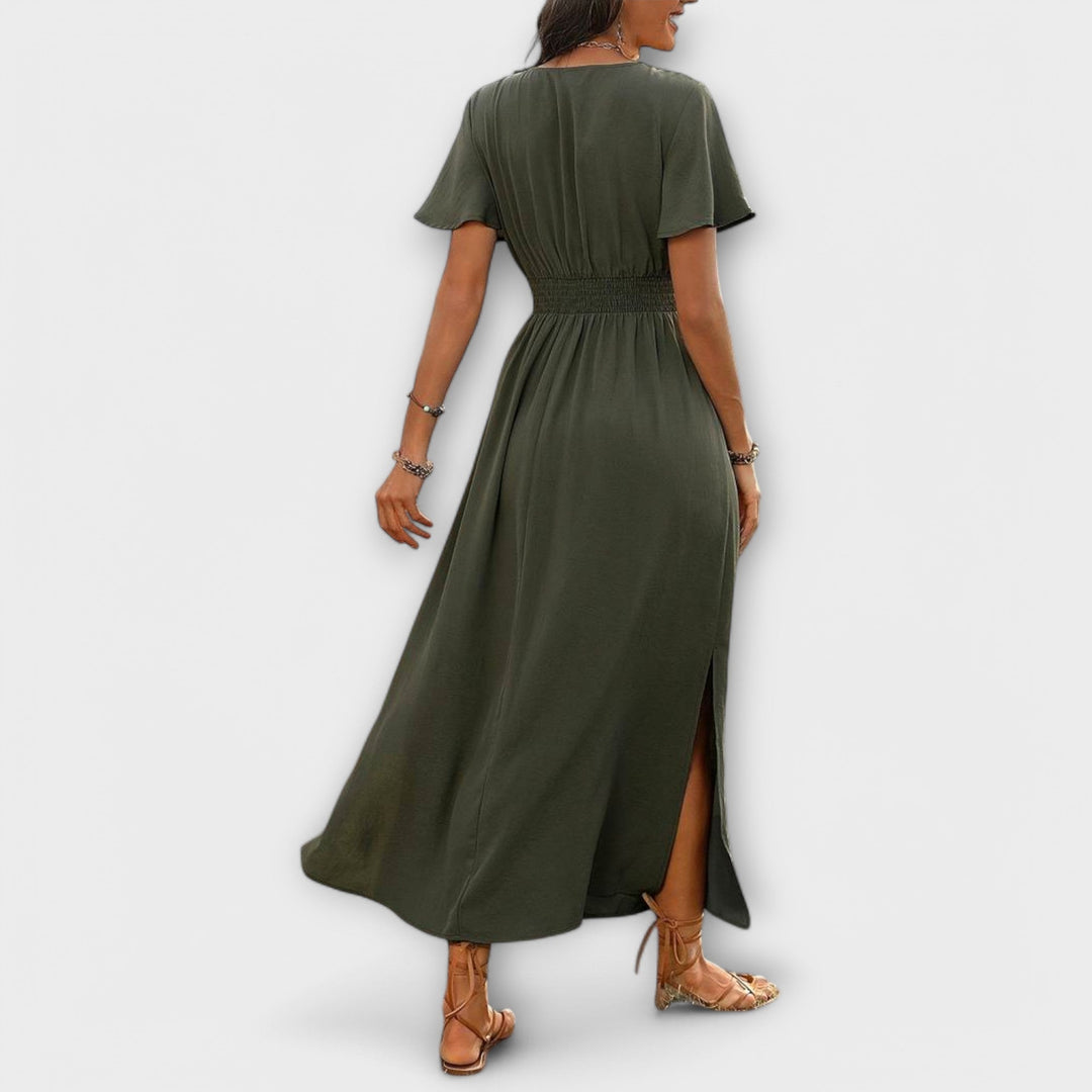 Heather - Vestido boho verde oliva con abertura