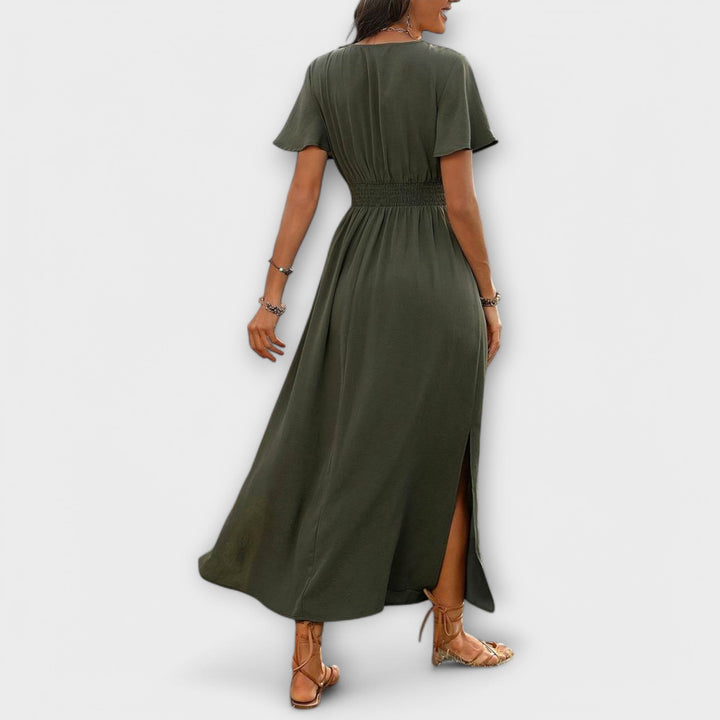 Heather - Vestido boho verde oliva con abertura