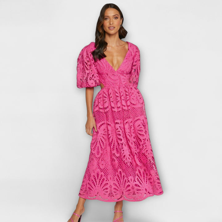 Elegante vestido amarillo - Con mangas de encaje