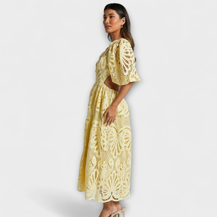 Elegante vestido amarillo - Con mangas de encaje