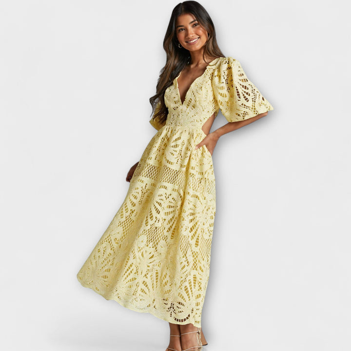 Elegante vestido amarillo - Con mangas de encaje