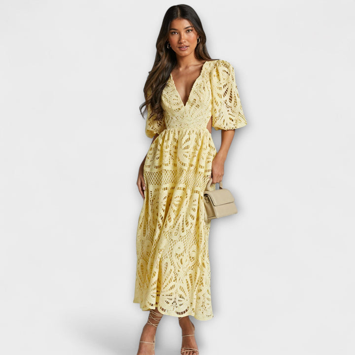 Elegante vestido amarillo - Con mangas de encaje