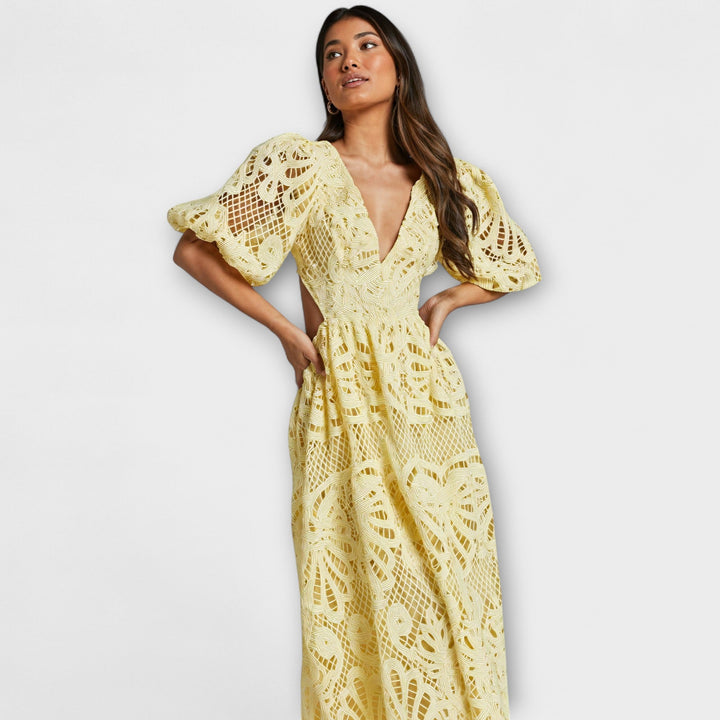 Elegante vestido amarillo - Con mangas de encaje