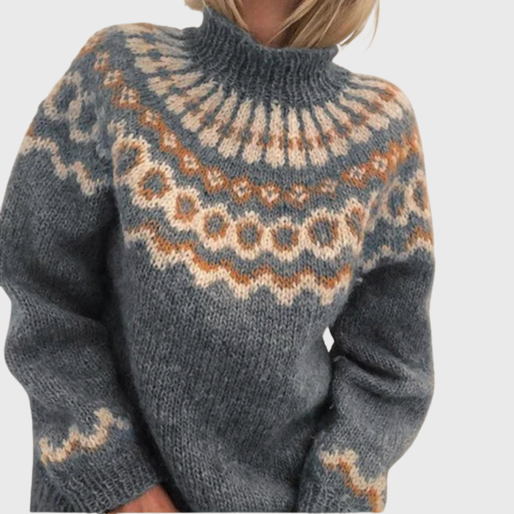 Sonja - Jersey azul con cuello alto y diseño noruego
