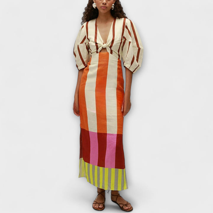 Kaya - Vestido maxí colorido con bloques y mangas abullonadas
