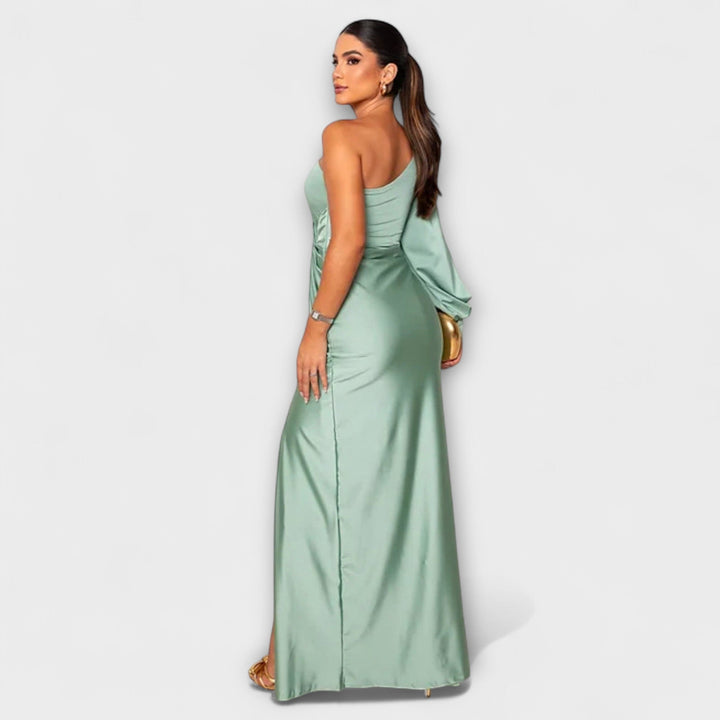 Elisa - Vestido de un solo hombro en color petróleo con fruncidos