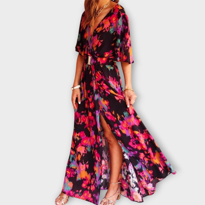 Sabine - Vestido maxi envolvente verde con estampado
