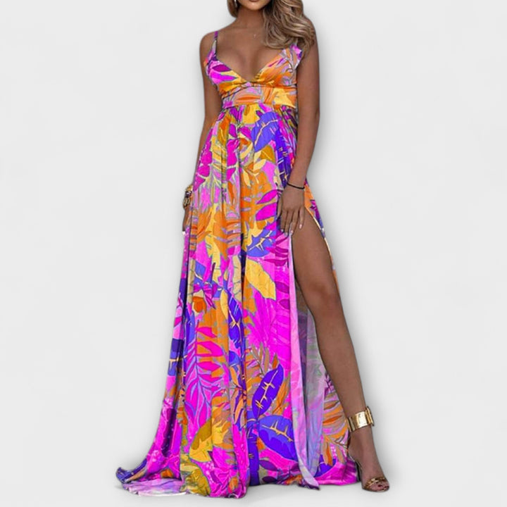 Audrey - Vestido maxi lila con estampado floral y abertura