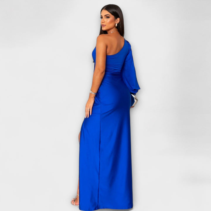 Elisa - Vestido de un solo hombro en color petróleo con fruncidos