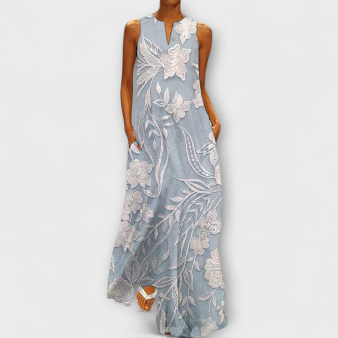Camila - Vestido maxí botánico blanco con estampado