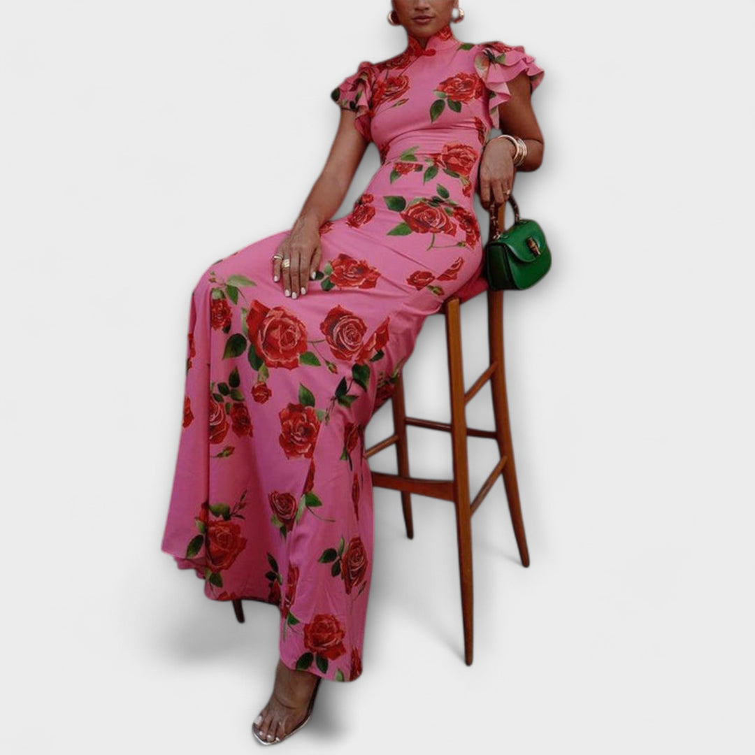 Luna - Vestido Maxí Rosa con Estampado de Rosas