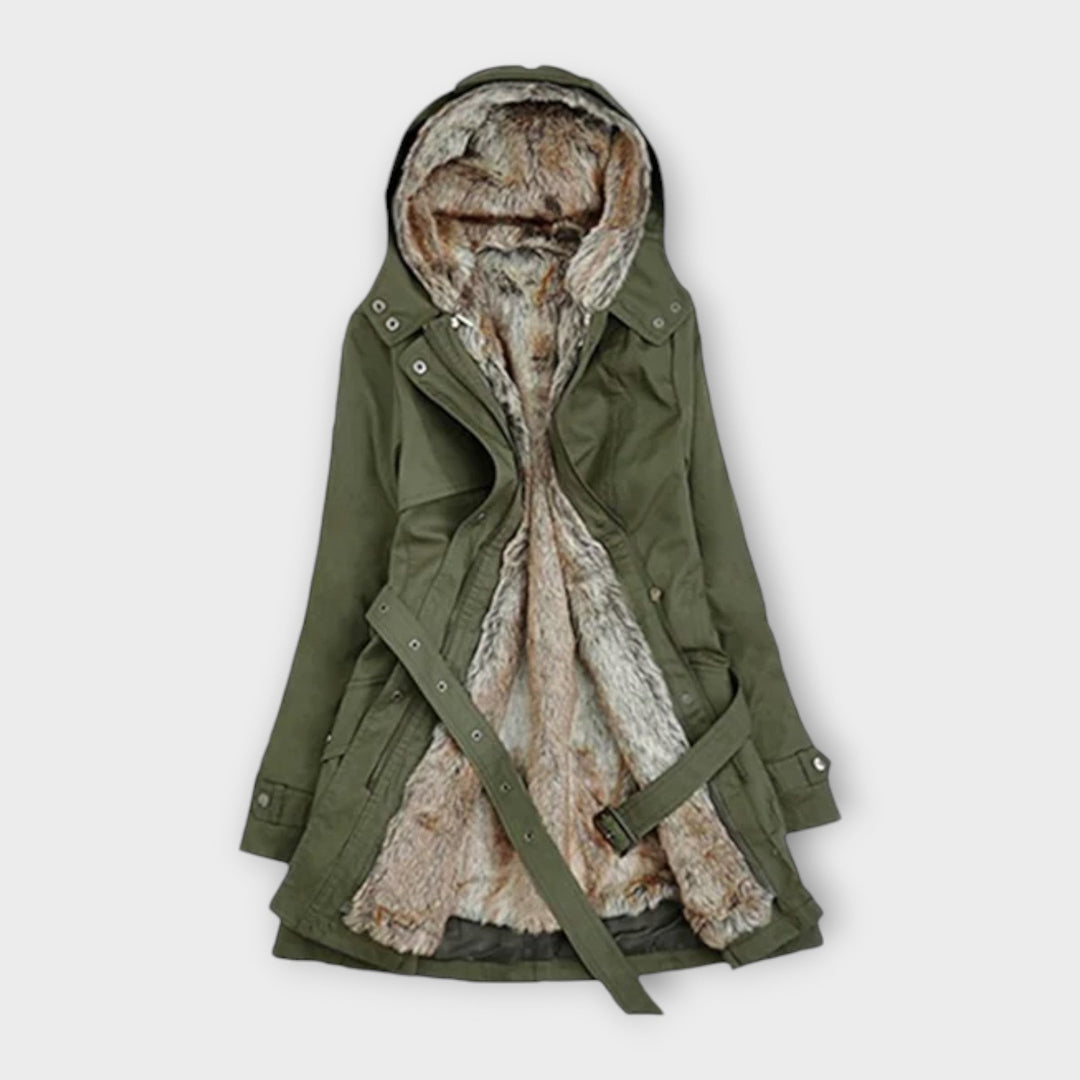 Mikash - Abrigo negro acogedor con capucha de piel