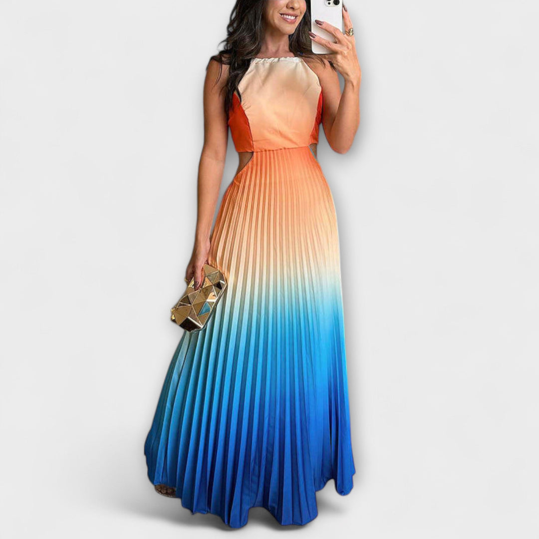 Haven - Vestido maxi plisado en verde y amarillo con degradado