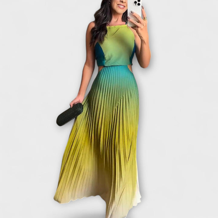 Haven - Vestido maxi plisado en verde y amarillo con degradado
