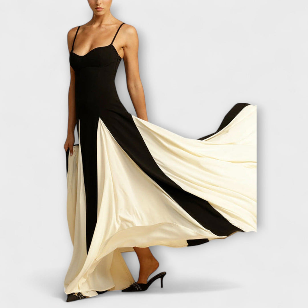 Ember - Vestido maxi A-line negro y crema con tul