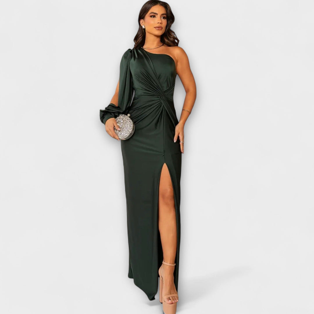 Elisa - Vestido de un solo hombro en color petróleo con fruncidos