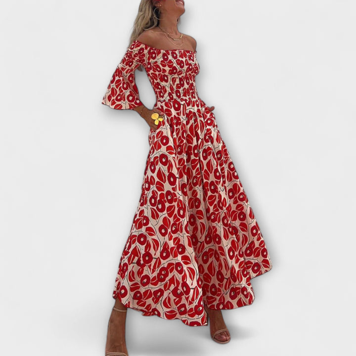 Sienna - Vestido largo rojo sin hombros con flores