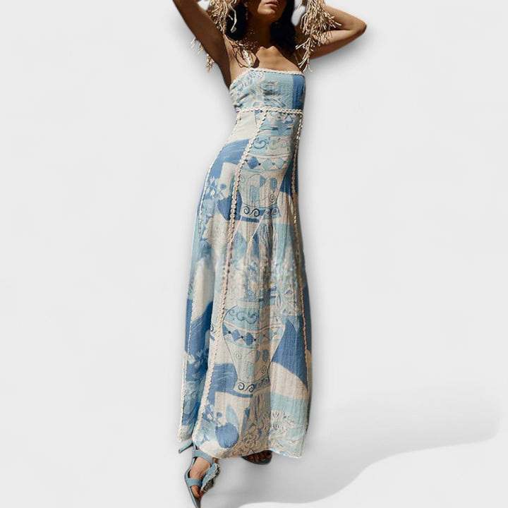Terazza - Vestido maxi de lino azul y blanco con estampado